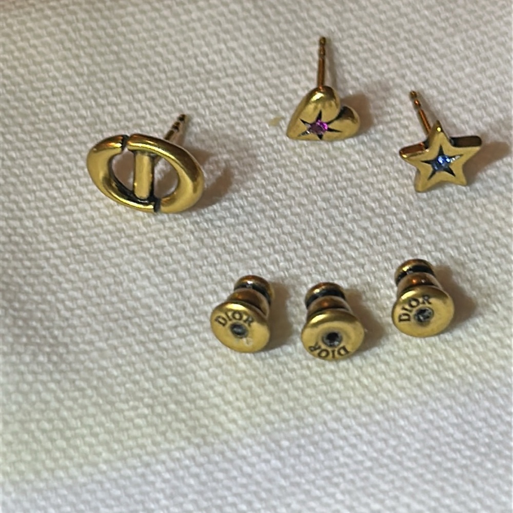 DIOR LUCKY CHARM SET OF STUD Earring Antique Gold-Finish Metal Pink Blue Crystal - Picture 7 of 8